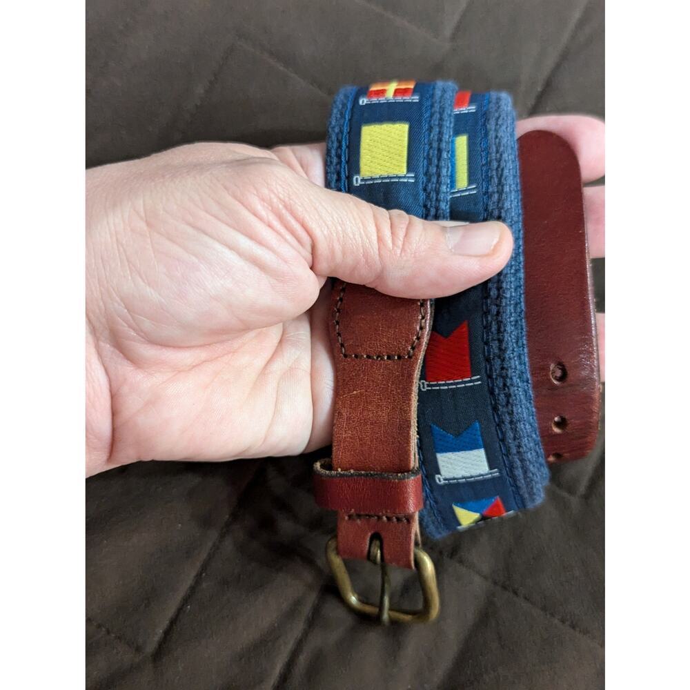 Women's navy embroidered nautical flag style belt by Leather Man Ltd, size M(32)